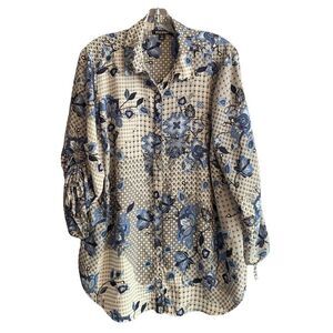 roz&ALI Flower Print Button Down Blouse with Adjustable Sleeves Size 1X